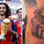 Split picture of Marc Cucurella and a close-up of his Luis de le Fuente tattoo