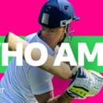 Graphic showing generic cricketer batting on pink and green background