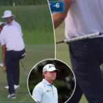 An image collage containing 3 images, Image 1 shows Lucas Glover takes off this shoes on the 10th green on Sunday, Image 2