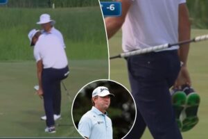 An image collage containing 3 images, Image 1 shows Lucas Glover takes off this shoes on the 10th green on Sunday, Image 2