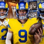 Rams players (from left) Puka Nacua, Matthew Stafford and Davante Adams showcase the Rams' new uniforms for 2026