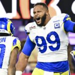 Inglewood, CA - February 13: Los Angeles Rams defensive end Aaron Donald (99) celebrates