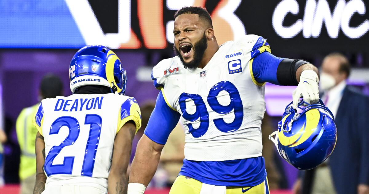 Inglewood, CA - February 13: Los Angeles Rams defensive end Aaron Donald (99) celebrates