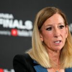 FILE -WNBA commissioner Cathy Engelbert speaks prior to Game 1 of a WNBA basketball final playoff series between the Las