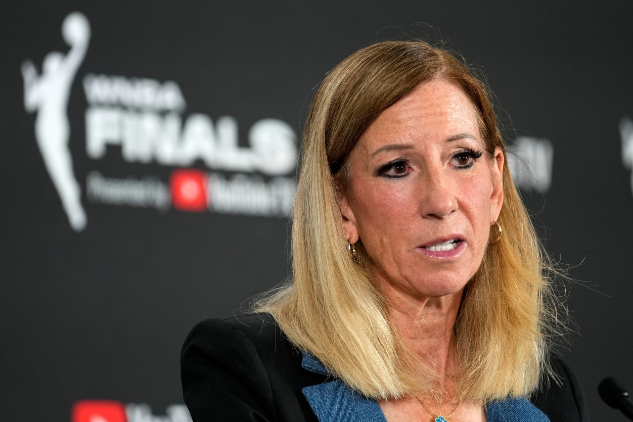 FILE -WNBA commissioner Cathy Engelbert speaks prior to Game 1 of a WNBA basketball final playoff series between the Las