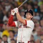 Boston Red Sox Roman Anthony watches his hit go foul in the fifth inning of a baseball game against the Kansas City Royals