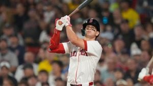 Boston Red Sox Roman Anthony watches his hit go foul in the fifth inning of a baseball game against the Kansas City Royals