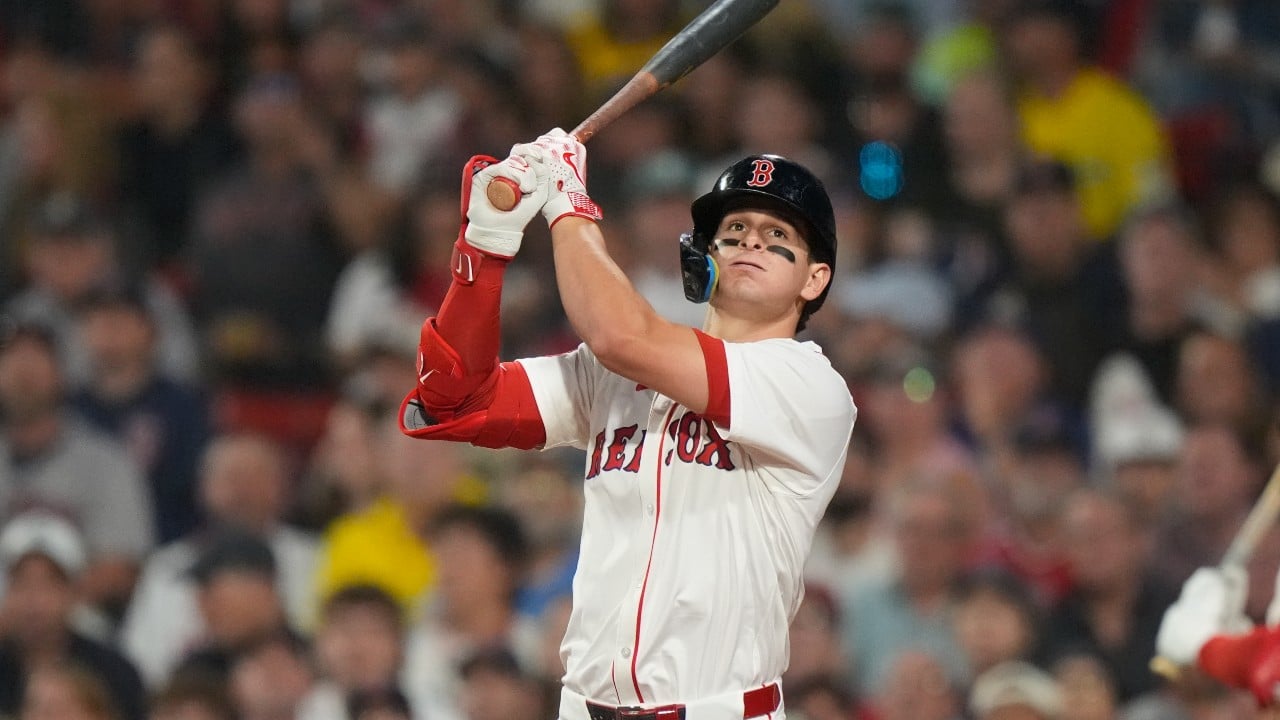 Boston Red Sox Roman Anthony watches his hit go foul in the fifth inning of a baseball game against the Kansas City Royals