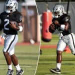 An image collage containing 2 images, Image 1 shows NFL player Davante Adams running with a football at practice, Image 2