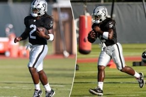 An image collage containing 2 images, Image 1 shows NFL player Davante Adams running with a football at practice, Image 2