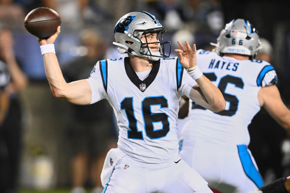 Carolina Panthers quarterback Haynes King (16) passes in the second half of the Pro Football Hall of Fame NFL preseason game