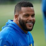 Los Angeles Rams defensive tackle Aaron Donald warms up before an NFL football game against the Cleveland Browns, Dec. 3
