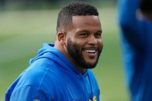 Los Angeles Rams defensive tackle Aaron Donald warms up before an NFL football game against the Cleveland Browns, Dec. 3