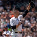 Detroit Tigers pitcher Tarik Skubal tipping his hat to fans after his 1,000th strikeout