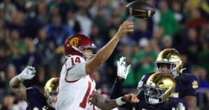 USC quarterback Jayden Maiava throws a pass under pressure against Notre Dame on Saturday in South Bend, Ind