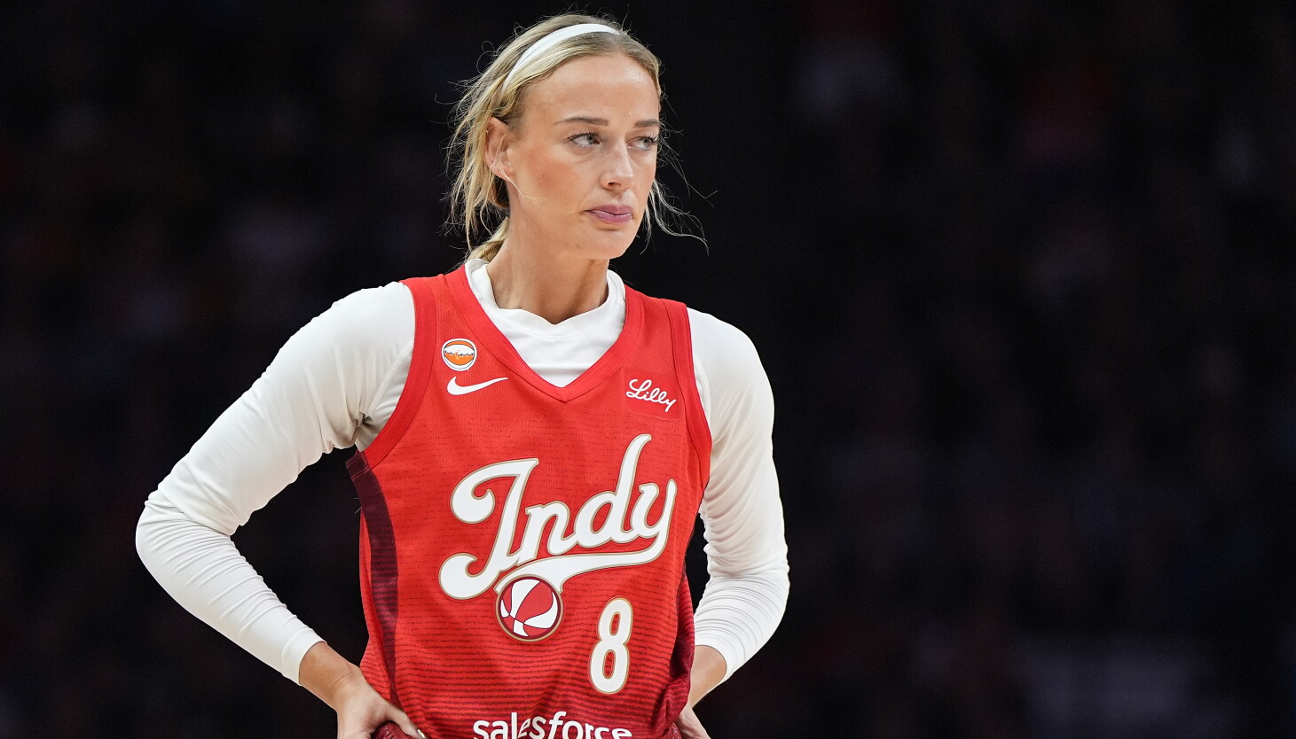 Indiana Fever guard Sophie Cunningham stands on the court during the first half of a game against the Minnesota Lynx on