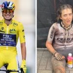 A split image showing, on the left, Demi Vollering pointing to her head in the yellow jersey at the Tour de France Femmes