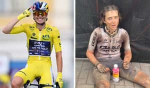 A split image showing, on the left, Demi Vollering pointing to her head in the yellow jersey at the Tour de France Femmes