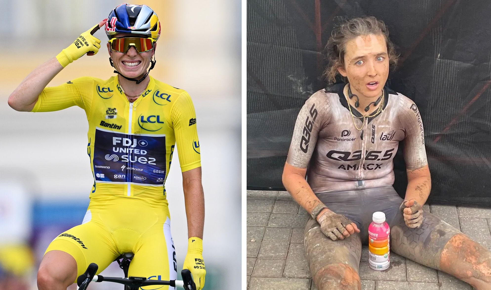 A split image showing, on the left, Demi Vollering pointing to her head in the yellow jersey at the Tour de France Femmes