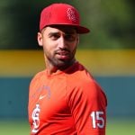 St. Louis Cardinals left fielder José Fermín warms up before a baseball game against the Colorado Rockies, Saturday, Sept