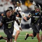 The Colorado team celebrates a win over Georgia Tech after an NCAA college football game, Thursday, Sept. 3, 2026, in