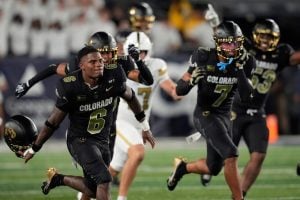 The Colorado team celebrates a win over Georgia Tech after an NCAA college football game, Thursday, Sept. 3, 2026, in
