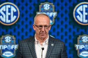 Greg Sankey, commissioner of the Southeastern Conference, speaks during NCAA college basketball women's SEC Media Day, Oct
