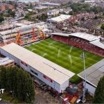Aerial view of Wrexham's Racecourse Ground including the construction of the Kop stand
