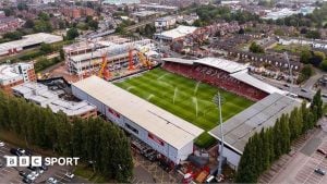 Aerial view of Wrexham's Racecourse Ground including the construction of the Kop stand