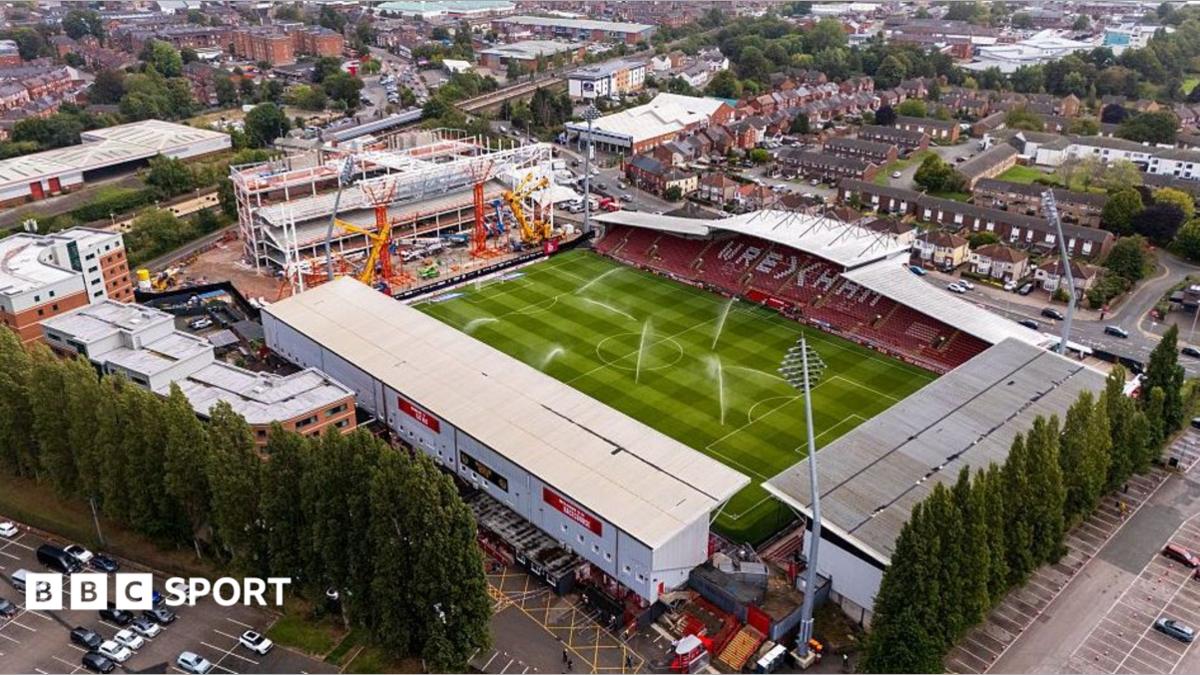 Aerial view of Wrexham's Racecourse Ground including the construction of the Kop stand