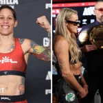 Split image of Liz Carmouche weighing in, showing bald patches on her head after a bad haircut