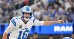 Detroit Lions quarterback Jared Goff (16) calls a play during the first half of an NFL football game against the Detroit