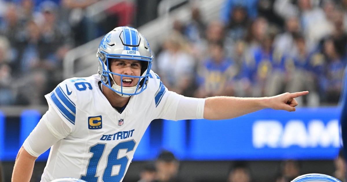 Detroit Lions quarterback Jared Goff (16) calls a play during the first half of an NFL football game against the Detroit
