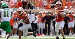 Oklahoma State quarterback Drew Mestemaker (17) passes the ball in the first half of the NCAA college football game against