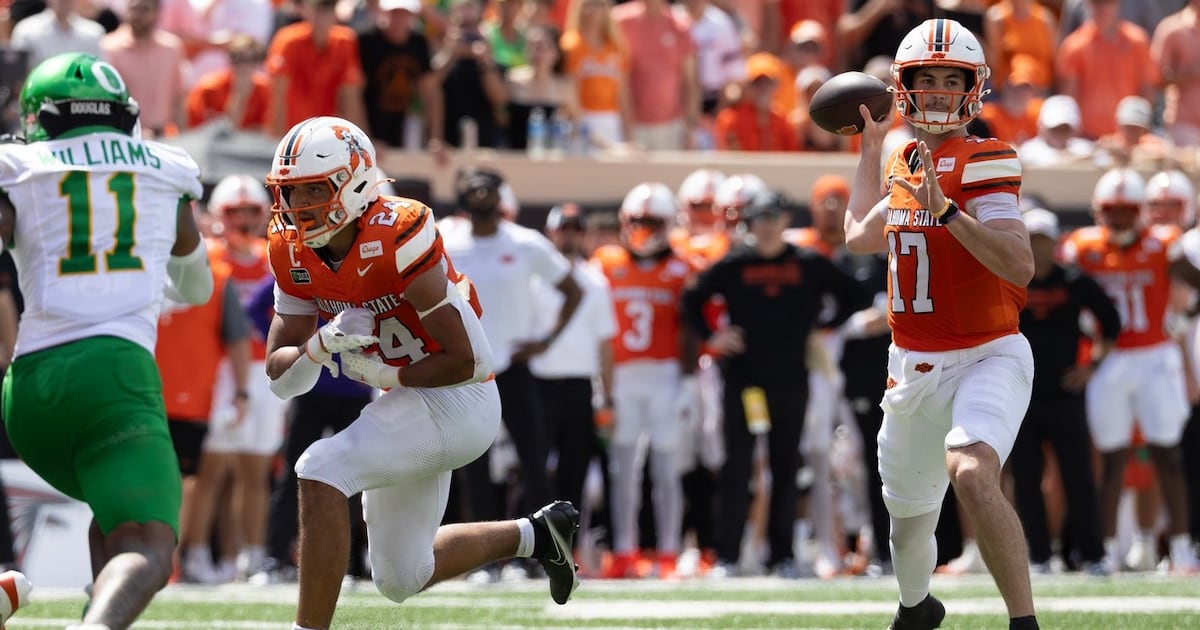 Oklahoma State quarterback Drew Mestemaker (17) passes the ball in the first half of the NCAA college football game against
